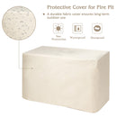 DirectDeals 5-Piece Patio Furniture Set with Propane Fire Pit Table shown with a beige protective cover featuring sun protection, waterproof, and dustproof properties—ideal for lasting outdoor comfort.