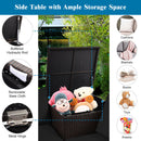 The 5-Piece Patio Furniture Set with Propane Fire Pit Table by DirectDeals includes a storage table with an open lid, hydraulic rod, removable cloth, and metal hinge—great for storing cushions, blankets, books, toys, or snacks.