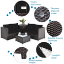 DirectDeals 5-Piece Patio Furniture Set with Propane Fire Pit Table features black cushions, glass top, plant, and close-ups of cushions, suctioned glass, weaving, footpads, and zipper details.