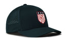 Introducing the Haka Hat USA Shield Performance 5-Panel Hat | America Flexfit Snapback – a black hat from Haka Hat featuring a USA shield logo with three stars on the front panel, side ventilation holes for breathability, and a comfortable Flexfit sweatband to ensure a secure fit.