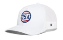 The Haka Hat USA Stripes Trucker Hat from Haka Hat features a mesh back and a round patch on the front with “USA” in bold blue letters over red and white stripes. This Black America Snapback is finished with a small white tag showcasing a black logo on the left side, combining classic style with patriotic flair.