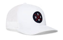 Introducing the Haka Hat USA X Trucker Hat: a white mesh trucker snapback by Haka Hat, featuring a black circular patch on the front with bold red crossed lines, “USA” in white letters, and a star at the bottom—making it the perfect patriotic accessory to show your American pride.