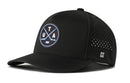 Introducing the Haka Hat Utah Hockey Performance 5-Panel Hat | UTA X Flexfit Snapback—a black hat from Haka Hat featuring a round patch with two crossed hockey sticks, a puck, and the letters U, T, and A. Designed with small ventilation holes on the side and an H logo near the brim, this water-repellent snapback also includes a comfortable Flexfit sweatband for all-day wear on or off the ice.