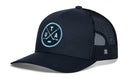 Black Haka Hat Utah Hockey Trucker Hat with a mesh back and a round patch on the front featuring crossed hockey sticks, a puck, and the letters U, T, and A.