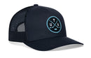 Navy blue Haka Hat Utah Hockey Trucker Hat with a mesh back and a circular patch featuring crossed hockey sticks and the letters U, T, and A in light blue.