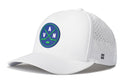 Introducing the Haka Hat Vancouver Hockey Performance 5-Panel Hat | VAN X Flexfit Snapback by Haka Hat. This white hat features a striking blue and green circular logo with crossed hockey sticks and “VAN” lettering on the front. The side panel includes small ventilation holes and an H logo, while the Flexfit sweatband provides all-day comfort. Designed to be water repellent, this stylish performance hat keeps you cool and dry both on and off the rink.