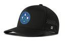 The Haka Hat Vancouver Hockey Performance 5-Panel Hat | VAN X Flexfit Snapback by Haka Hat is a black snapback featuring a circular blue and green logo with crossed hockey sticks and the letters VAN, small ventilation holes on the side, an H logo on the brim, and a comfortable Flexfit sweatband for all-day wear.