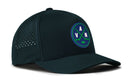 The Haka Hat Vancouver Hockey Performance 5-Panel Hat | VAN X Flexfit Snapback features a dark green design with a circular front patch displaying crossed hockey sticks and the letters “VAN.” Made for comfort, this water-repellent hat includes side panels with small ventilation holes and a Flexfit sweatband to ensure an optimal fit.