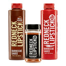 Experience the Redneck Lipstick Variety Pack by Redneck Lipstick, which includes Original Sauce, Hot & Spicy Sauce, and a robust Seasoning blend. Each bottle features vibrant labels that pop against a crisp white background.