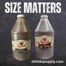 Bear & Burton's W Sauce 64 oz Bulk Worcestershire 2 Pack sits side by side on a dark background with “SIZE MATTERS” above—ideal for anyone wanting BBQ sauce in bulk. Shop now at ddrbbqsupply.com.