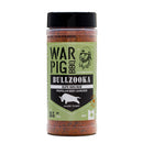 A container of WarPig BBQ Bullzooka BBQ Rub with a green label and black cap. The label displays a pig logo and text promoting it as a savory TX beef rub, making it an excellent choice for anyone looking for the ultimate brisket rub.