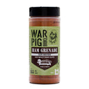 A bottle of WarPig BBQ Ham Grenade BBQ Rub, labeled Sweet & Smoky, features a green label decorated with a pig graphic and barbecue-themed icons. This smoky BBQ seasoning comes in an 11.5 oz (326g) container with a black lid.