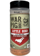 A container of WarPig BBQ War Pig Little Bird BBQ Rub, a battle-tested bird blend perfect for seasoning poultry. The packaging features a pig in a helmet and a white chicken graphic, with a net weight of 11.5 oz.