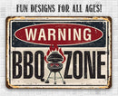 Vintage-style sign with 'Warning BBQ Zone' text on a white brick wall background