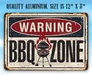 Vintage-style metal sign with 'Warning BBQ Zone' text and graphic on a blue background