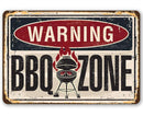 Vintage-style metal sign with 'Warning BBQ Zone' text and graphic of a barbecue grill.
