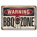 Vintage-style metal sign with 'Warning BBQ Zone' text and graphic on a white background