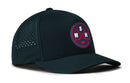 The Haka Hat Washington DC Hockey Performance 5-Panel Hat, also known as the WSH X Flexfit Snapback, features a black design with a round front patch displaying two crossed hockey sticks, a puck, and the letters S, W, and H. It includes side panels with small perforated holes for ventilation and a Flexfit sweatband to provide all-day comfort.