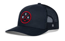 Navy blue Haka Hat Washington DC Hockey Trucker Hat featuring a circular patch with crossed hockey sticks, a puck, and the letters W, S, and H.