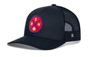 The Haka Hat Washington DC Trucker Hat | WSH X Baseball Snapback by Haka Hat is a black mesh trucker baseball cap featuring a red circular front patch with bold white "WSH" lettering and a small white baseball icon.