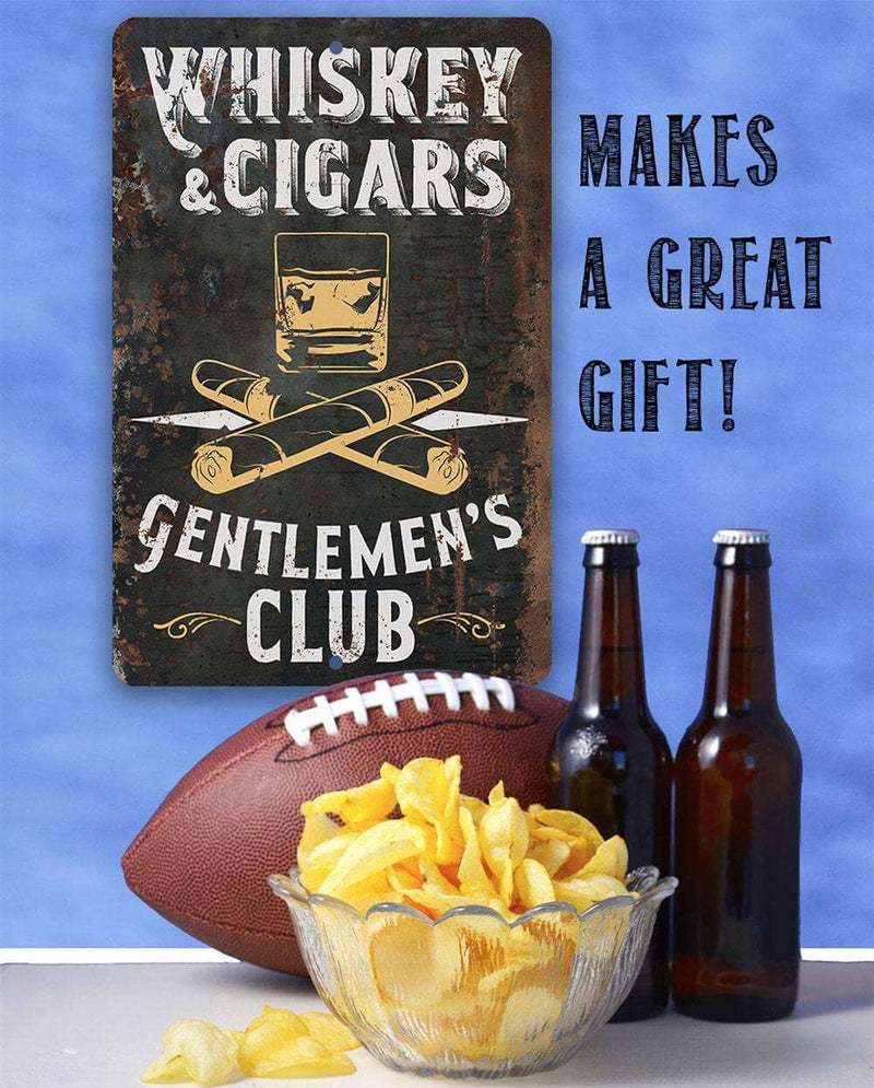 Decorative sign with 'Whiskey & Cigars Gentlemen's Club' text, football, chips, and beer bottles on a blue background.