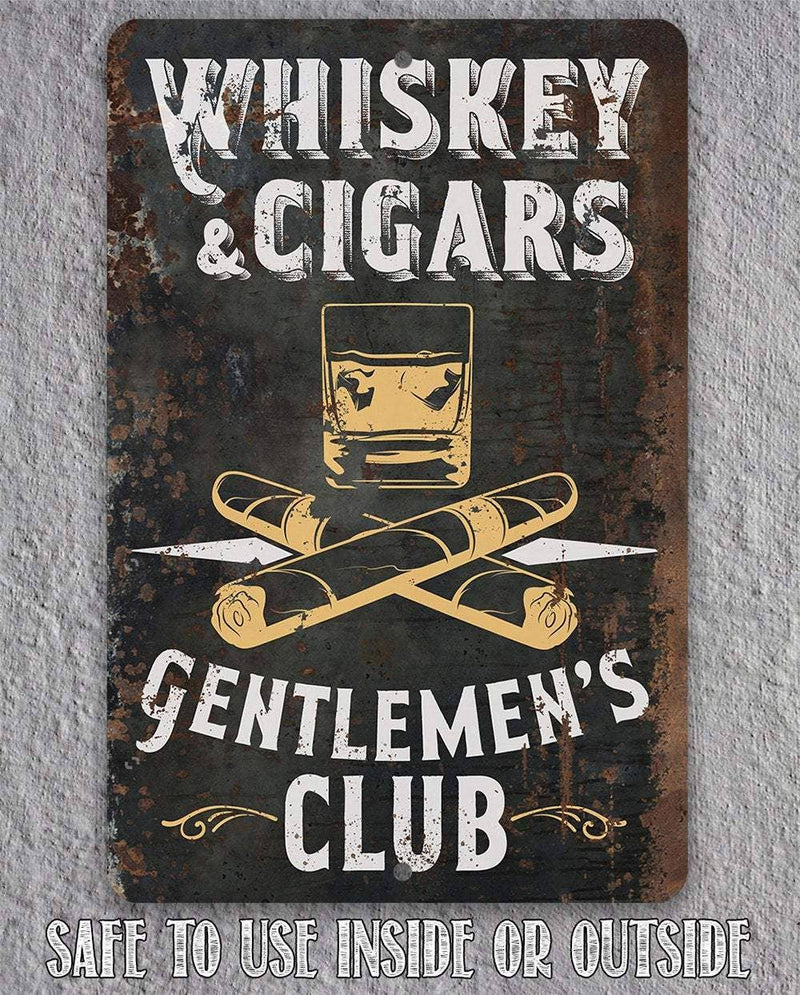 Decorative sign with 'Whiskey & Cigars Gentlemen's Club' text and graphics on a gray background.