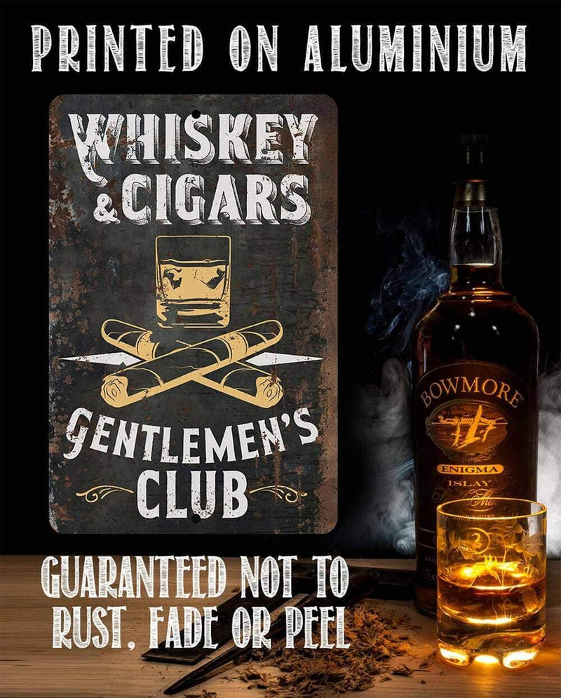 Aluminium sign with 'Whiskey & Cigars Gentlemen's Club' design next to a bottle of Bowmore whiskey.