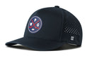 Introducing the Haka Hat Winnipeg Hockey Performance 5-Panel Hat | WPG X Flexfit Snapback by Haka Hat. This black cap features a distinctive round logo on the front, displaying two crossed hockey sticks, the letters W, P, G, P, and a small hockey puck. Designed with side ventilation holes for breathability and made from water repellent materials, this stylish snapback is finished with a comfortable Flexfit sweatband—making it both fashionable and functional for any hockey fan.