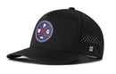 The Haka Hat Winnipeg Hockey Performance 5-Panel Hat | WPG X Flexfit Snapback is a black cap featuring a round patch with two crossed red hockey sticks, the letters WPG, and a small puck. It includes side perforations for breathability and a subtle H logo near the brim. Designed by Haka Hat with a Flexfit sweatband for comfort, this hat is perfect for everyday wear.