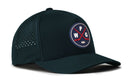 Introducing the Haka Hat Winnipeg Hockey Performance 5-Panel Hat | WPG X Flexfit Snapback—a dark green cap featuring a round front patch with crossed red hockey sticks, a puck, and the letters W, P, and G. Designed for comfort by Haka Hat, this hat boasts a Flexfit sweatband and side panels with small ventilation holes.