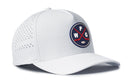 Introducing the Haka Hat Winnipeg Hockey Performance 5-Panel Hat | WPG X Flexfit Snapback by Haka Hat, a white hockey hat featuring a round patch with two crossed red hockey sticks, WPG lettering, and a hockey puck. Designed with ventilation holes on the side and a Flexfit sweatband, this hat ensures all-day comfort and breathability.