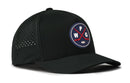 The Haka Hat Winnipeg Hockey Performance 5-Panel Hat | WPG X Flexfit Snapback is a black baseball cap featuring a circular hockey-themed logo with crossed red sticks, a puck, and the letters W, P, and G. Designed for Winnipeg hockey fans, this Haka Hat includes small ventilation holes on the side panels for enhanced breathability and comes equipped with a Flexfit sweatband to ensure all-day comfort.