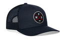 Navy blue Haka Hat Winnipeg Hockey Trucker Hat with a breathable mesh back and a circular patch featuring two crossed red hockey sticks and the letters W, P, and G.