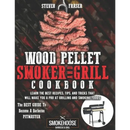 The cover of the "Wood Pellet Smoker And Grill Cookbook: The Best Guide To Become A Barbecue Pitmaster. Learn The Best Recipes, Tips, And Tricks That Will Make You A PR" by Books by splitShops features sliced grilled meat on skewers above a wood pellet grill, bold title text, and a small smoker grill illustration in the bottom right corner—an essential paperback for any aspiring BBQ pitmaster.