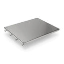 The Yoder Smokers YS640/YS480 Stainless Steel Side Shelf Sleeve by Yoder Smokers is a shiny, rectangular shelf with small mounting brackets underneath, ideal as a side shelf upgrade and shown on a white background.
