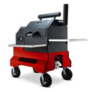 The Yoder Smokers YS480S Competition Pellet Grill with Wire Shelves features sturdy four-wheel mobility, two side shelves, a front handle, and a top chimney—perfect for direct-flame grilling with the trusted Yoder Smokers brand.