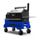The Yoder Smokers YS640S Competition Pellet Grill features a black and blue finish, rectangular cooking chamber, stainless steel shelves, vertical smokestack, and four large caster wheels—ideal for serious grilling.