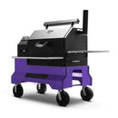 The Yoder Smokers YS640S Competition Pellet Grill with Stainless Steel Shelves is a large black and purple grill on four wheels with a smoke stack and sturdy frame, shown against a white background.