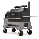 The Yoder Smokers YS640S Competition Pellet Grill features a black and stainless steel design with stainless steel shelves, four large wheels, a chimney, and lid handle—perfect for serious barbecue enthusiasts.