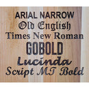 The Two Acre Woodworks French Bulldog Wood Tray displays text samples in fonts like Arial Narrow, Old English, Times New Roman, Gobold, Lucinda, and Script MT Bold—each showcasing its own unique style.
