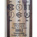 The French Bulldog Wood Tray by Two Acre Woodworks features a wooden board with six engraved monogram styles (labeled 1-6) and eight font names. This handcrafted piece is a perfect decorative organizer and an ideal gift for dog lovers.