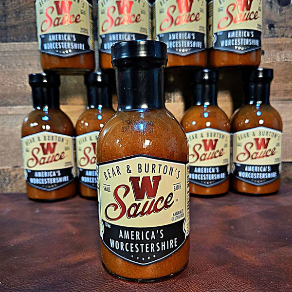 Bear & Burton’s W Sauce 13 oz bottle – bold, all-natural Worcestershire-style sauce for meats, veggies, soups, and cocktails