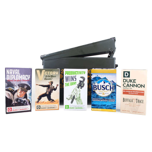 Duke Cannon Military Ammo Can Gift Set with 5 Big Bricks of Soap in a steel surplus field box