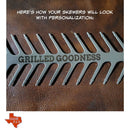 Flat stainless steel BBQ skewers, ideal for kabobs and available with personalization option with personalization