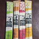 Four flavors of Pop's Authentic Snack Stick Beef Jerky (Habanero, Bacon, Game, and Original) from Pop's Authentic are lined up vertically on a brown surface in colorful packs with a black-and-white logo—a tasty high-protein snack for jerky fans.