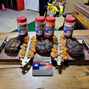 Flat stainless steel BBQ skewers, ideal for kabobs and available with personalization option with food