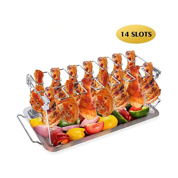 Stainless steel chicken drumsticks rack with 14 slots for grilling or warming
