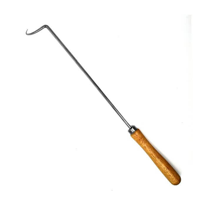 Stainless steel pigtail meat flipper with wooden handle for grilling and BBQ