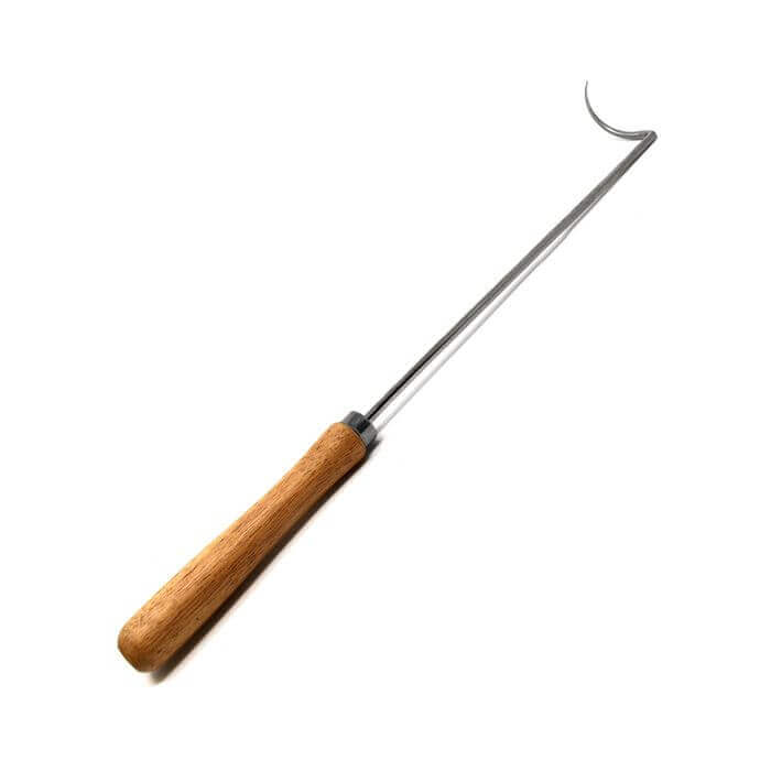 Stainless steel pigtail meat flipper with wooden handle for grilling and BBQ