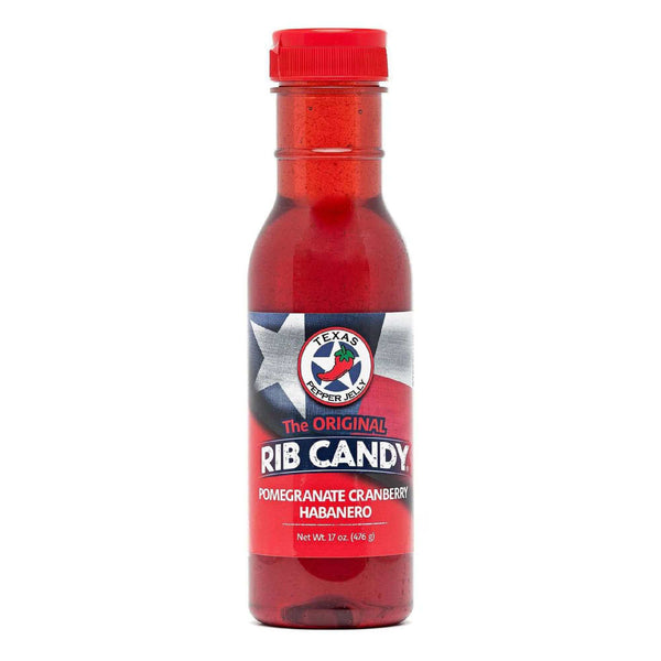 Texas Pepper Jelly Pomegranate Cranberry Habanero Rib Candy 17 oz bottle with sweet-heat glaze for ribs, pork loin, and turkey

